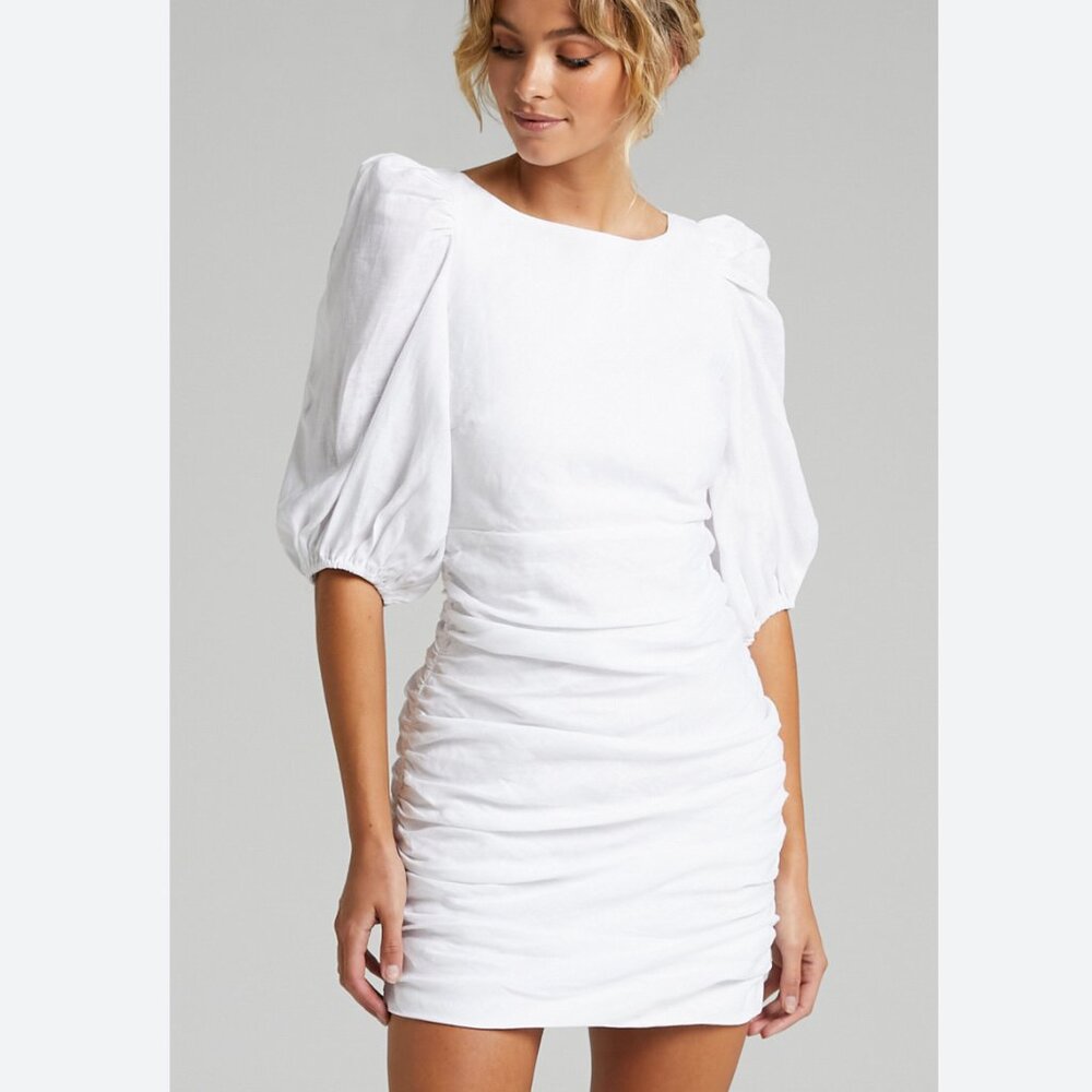 Amalie The Label - Moahlba Linen Ruched Puff Sleeve Open Back Mini Dress…